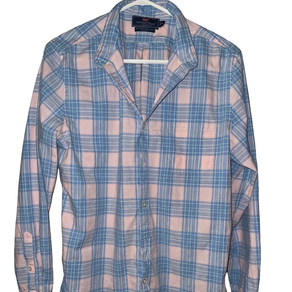 Vineyard Vines Men's Casual Blue and Pink Check Shirt